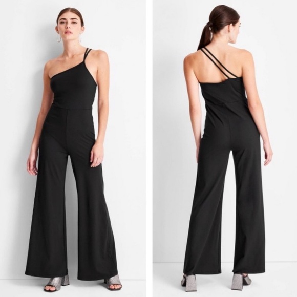 future collective Pants - Future Collective Asymmetrical Black Strap One Shoulder Jumpsuit Straight Leg